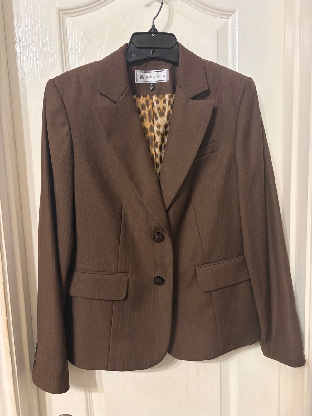 Travis Ayers Brown Pinstripe Blazer with Leopard Print Lining